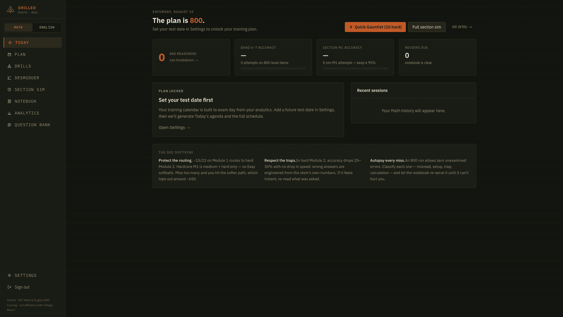 Today dashboard with 800 readiness strip and Quick Gauntlet